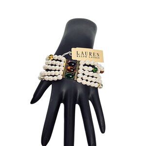 Ralph Lauren Gold Tone And Pearl Stretch Bracelet w/ Jewel Colored Beads (6248)